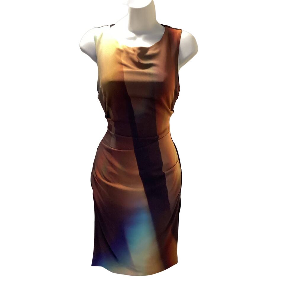 Nicole Miller Abstract Print Y2K Ruched Stretch Mini Bodycon Evening Dress 4 S